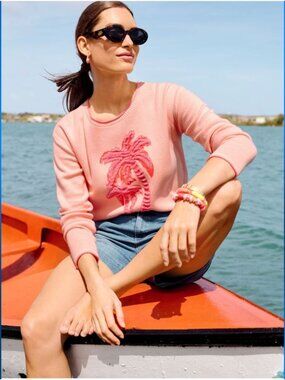 Talbots Petite XL Palm Tree Jacquard Crewneck Pullover Sweater Cotton Coral